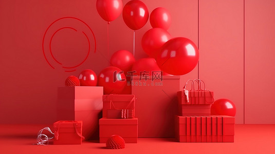 销售展示台背景图片_带 3D 红色气球和礼品盒设计的产品展示台