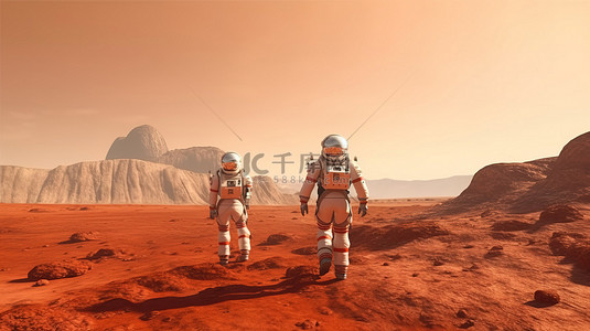 探索火星表面的红色星球宇航员未来派 3D 渲染