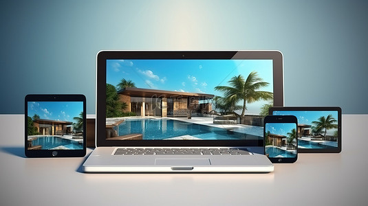 手机正面背景图片_从正面在多个设备上看到的响应式酒店网站的 3D 渲染