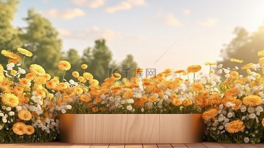 花田景观背景图片_自然美景讲台的花田背景 3D 渲染图像