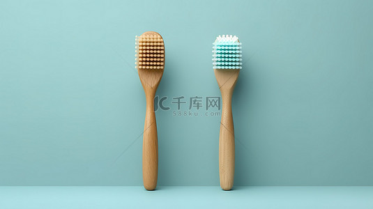 蓝色背景 3D 渲染展示木制牙刷的正面和背面视图