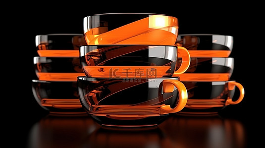 黑色背景中堆叠的橙色塑料咖啡杯，具有紧密的 3D 渲染