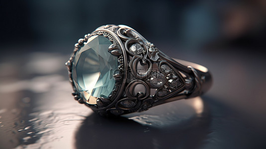 3D 插图古董银戒指，配有珍贵的大宝石镶嵌，适合珠宝店或当铺