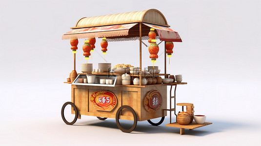 白色背景亚洲木制肉丸面条车的 3D 渲染，配有椅子，非常适合街头食品