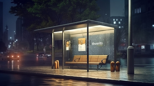 公交车站街头营销展示的 3D 渲染