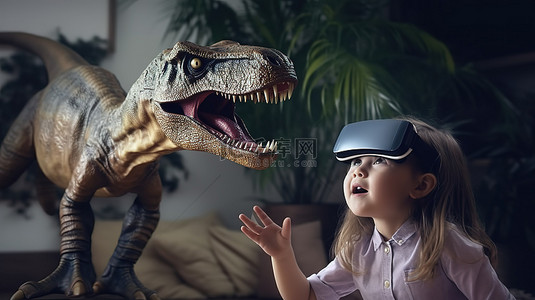 孩子戴着 VR 眼镜在家玩 3D 恐龙视频游戏