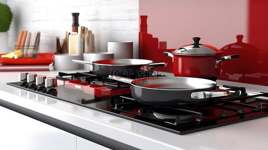 炊具背景背景图片_3D 渲染设备齐全的厨房，台面上配有水槽炉和炊具