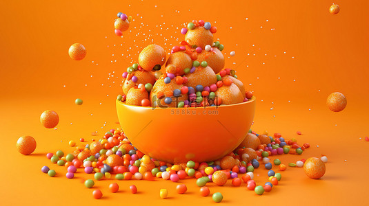 糖果派对背景图片_橙色背景装饰有 3D 糖洒装饰