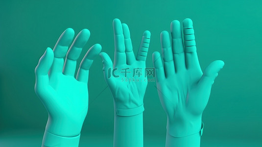 医生的手背景图片_3d 医生手戴蓝色和绿色橡胶手套，展示用于演示广告和 3d 插图渲染的各种手势