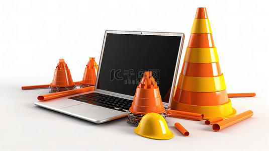 白色背景上带有“正在建设”磁带的笔记本电脑，装饰着橙色交通锥和高耸的黄色起重机 3D 渲染
