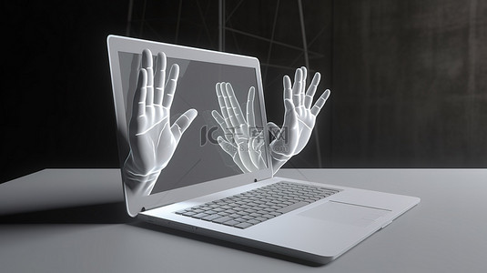 互联网用户背景图片_笔记本电脑屏幕上显示的 3D 渲染虚拟手