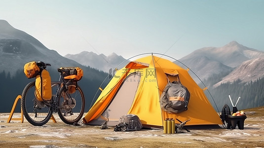 山景露营冒险的 3D 插图，配有帐篷自行车皮划艇背包和折叠椅