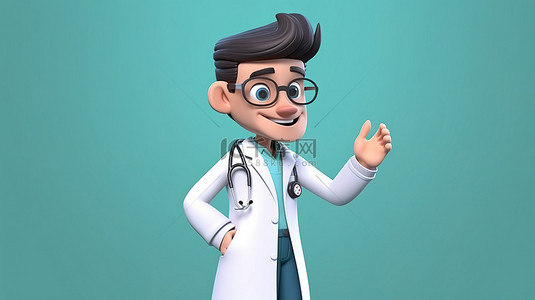 举手问问题背景图片_穿着制服和听诊器的卡通医生举手 3D 渲染