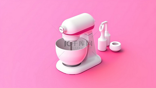 家庭物品背景图片_白色和粉色家用物品的 3D 图标集，包括等距搅拌机