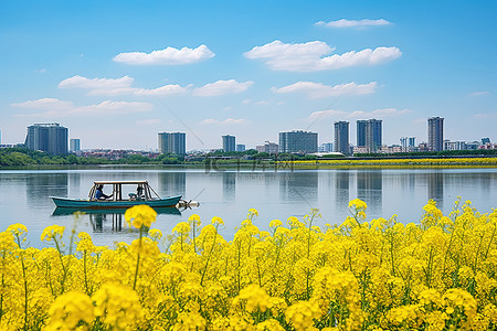 黄色的花朵背景图片_河上的小船被黄色的花朵包围