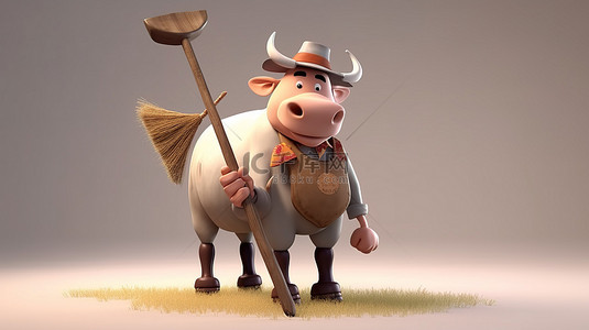 3D 插图中的农业公牛戴着农民的帽子，准备工作
