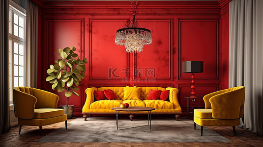 复古客厅中的黄色沙发和红色桌子 3d 渲染