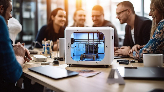 桌上办公用品背景图片_先进的 3D 打印机位于办公桌上，同事们在后台愉快地交谈