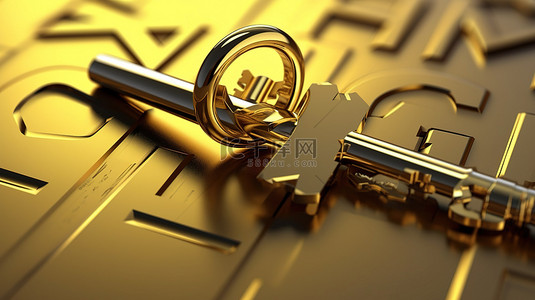 房屋安全背景图片_带有“家”一词和一把金钥匙的金属背景的 3D 渲染插图