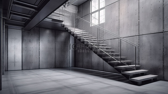 时尚精致的 3d 墙工业楼梯和现代室内干净的空间