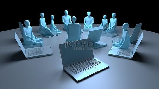 在线会议背景图片_以 3d 形式描绘的基于笔记本电脑的在线商务会议