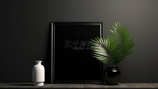 框架模型背景图片_棕榈叶阴影投射在带有控制台 3D 渲染的黑墙上的黑色海报框架模型上