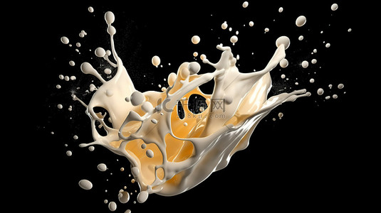 牛奶飞溅背景图片_3d 渲染的牛奶溅在黑色背景上
