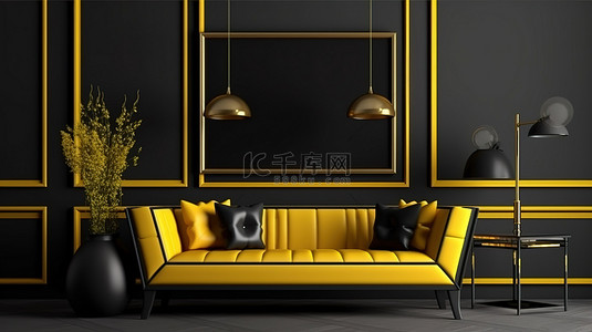 时尚的黑色 D Cor 配有充满活力的黄色钢琴沙发和框架模型 3D 插图