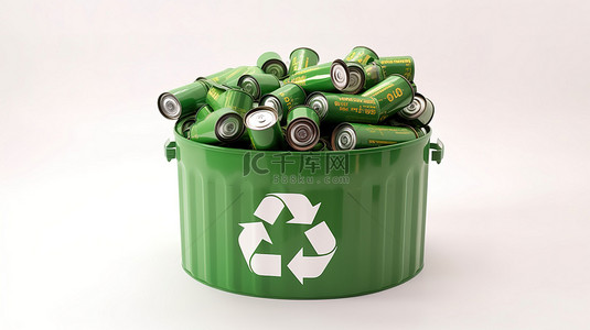 回收老酒背景图片_回收符号装饰白色背景，绿色桶溢出可充电电池 3d 渲染