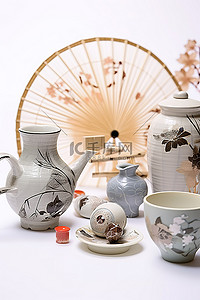 特产清酒背景图片_茶壶盘子风扇和其他物品放在白色表面上