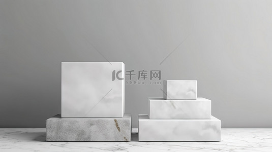 最小白色立方体讲台上的当代石材展示架 3D 渲染工作室套装