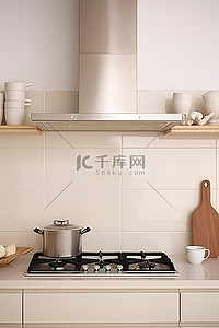 米色花瓶背景图片_带抽油烟机的厨房岛和带白色和米色瓷砖的墙壁