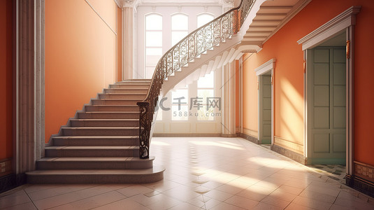 具有引人注目的楼梯设计的走廊的 3D 渲染概念