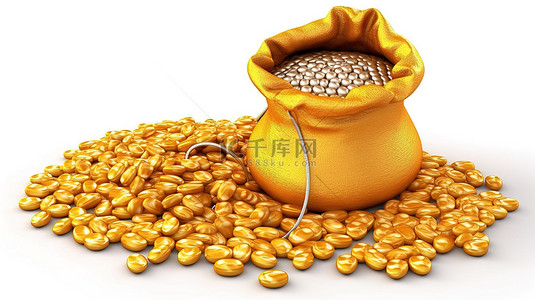 农业金融背景图片_白色背景上有玉米穗和硬币的玉米袋 可交换玉米的 3D 插图