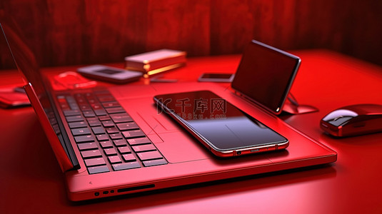 科技手红色背景图片_红色办公桌的 3D 插图，配有笔记本电脑和手机