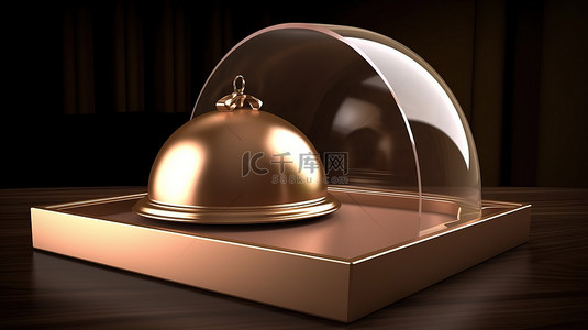 开盖的礼盒背景图片_带开盖的餐厅钟形钟形罩，青铜设计的 3D 渲染，显示里面的礼盒