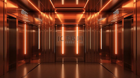 现代电梯闪闪发光的金属门安全地关闭在照明建筑内 3d 渲染