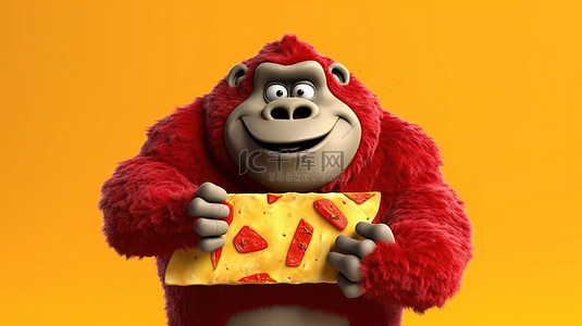 人物举着背景图片_搞笑的 3D 大猩猩，体重超重，举着牌子，还有美味的披萨