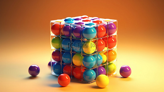 浅色背景图片_充满活力的球体包裹在立方体抽象 3D 渲染中