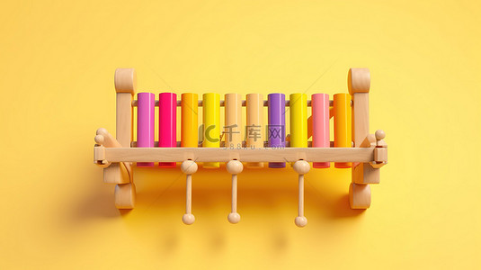 1 阳光明媚的黄色背景上带有木槌的充满活力的木制木琴的 3D 渲染