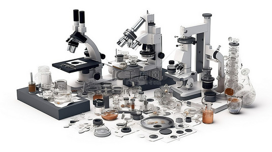 白色背景下实验室仪器和显微镜的化学实验室研究插图