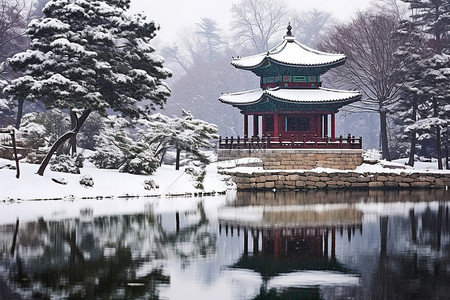 池塘边背景图片_池塘边的雪中有一座宝塔