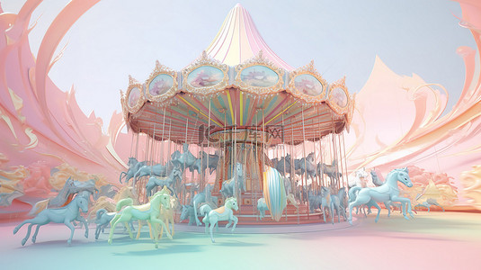 柔和的梦境异想天开的 3D 渲染旋转木马世界