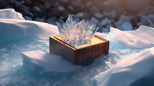 大头钉书签背景图片_冰冻景观迷人的 3D 渲染，打开纸板箱和带有锯齿状冰背景书签的书