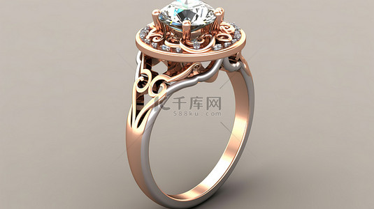 圆形钻石主石花丝订婚光环戒指的 3D 渲染