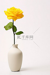 一朵黄玫瑰插在白色表面的白色花瓶里