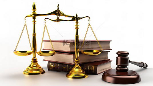 正义概念金秤的 3d 插图正义木槌和来自白色背景的各个法律领域的书籍