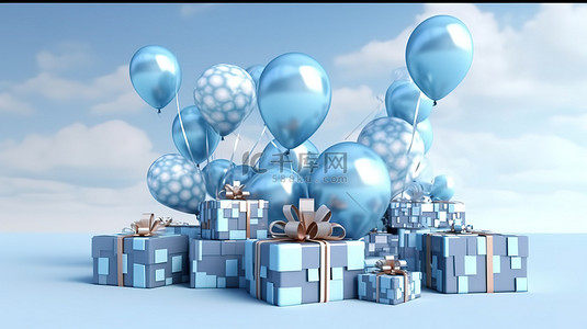 3D 几何图案数字艺术中的气球和蓝色礼品盒