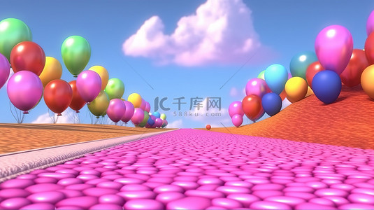 气球图案背景图片_粉红色天空中漂浮着气球的神奇彩虹路的插图