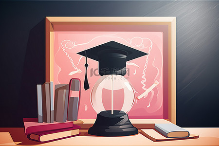 毕业粉色背景图片_沙漏毕业帽和墙上的书